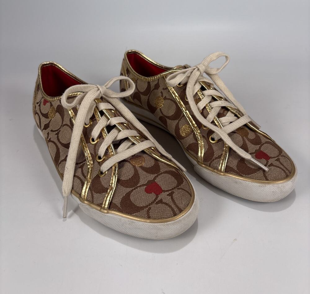 Coach Dee Secret Admirer Sneakers Khaki Gold Logo Heart Tennis Athletic Shoes 10